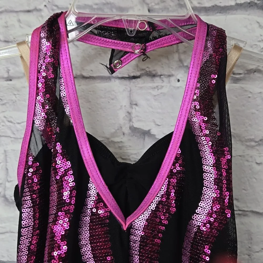 Girls Weissman Pink Sequin Halter Biketard Sleeveless Mesh Leotard Dance Costume
